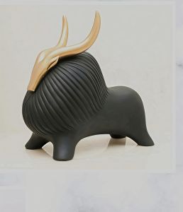 Modern Black & Golden Horn Bull Sculpture