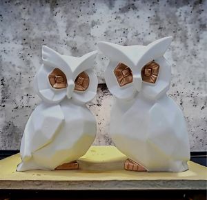 Modern Matte White Copper Accent Owl Statue Set