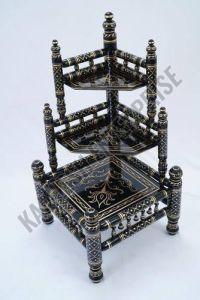 3 Shelves Black Wooden Sankheda Corner Table
