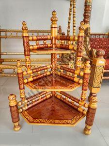 3 Tier Golden Wooden Sankheda Corner Table