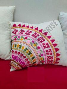 Colorful Circular Pattern White Cotton Embroidered Cushion Cover
