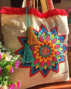 Colorful Embroidered Mandala Design Canvas Tote Bag