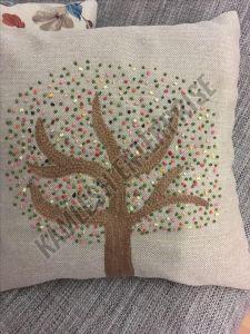 French Knot Embroidered Tree Motif Cushion Cover