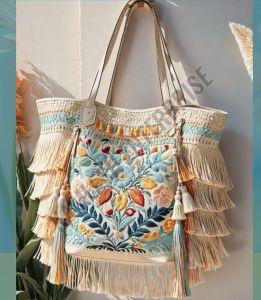 Multi Floral Embroidered Cotton Jacquard Tote Bag