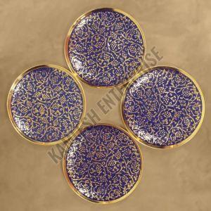 Round Blue Enamel Base Brass Coaster