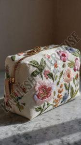 White Floral Embroidered Cotton Makeup Bag