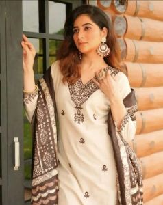 Beige Printed Khadi Cotton Suit Set