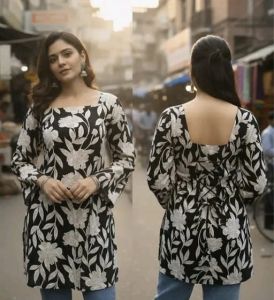 Black Floral Printed Cotton Short Kurti