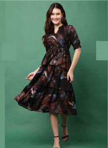 Black Print Puff Sleeve Fit and Flare Midi Dress