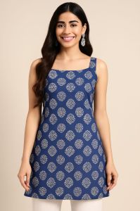 Blue Floral Printed Sholder Strap Short Kurti