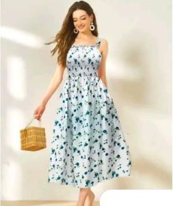 Blue Floral Printed Sleeveless A Line Midi Dress