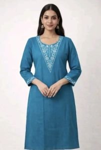 Blue Round Neck Floral Embroidered Kurti Set