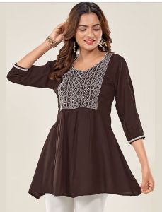 Brown Embroidered Work Short Kurti