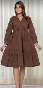 Brown V Neck Full Sleeves Solid Mini Dress
