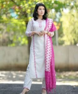 Classic White Pink Embroidered Cotton Suit Set