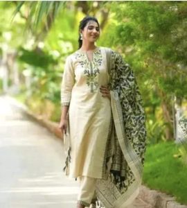 Creamy Heavy Embroidered Dupatta Cotton Suit Set