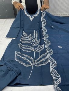 Deep Blue Floral Embroidered Cotton Suit Set