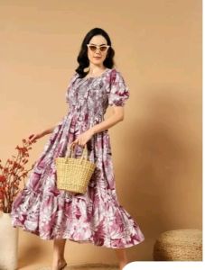 Floral Print Puff Sleeve A Line Midi Dress