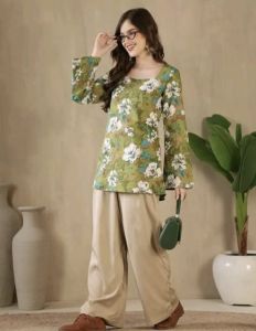 Green Floral Printed Cotton Short Kurti