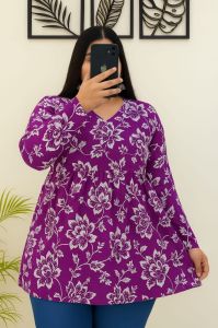 Magenta Floral Printed Cotton Short Kurti