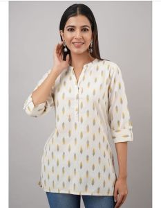 Off White Printed Pure Cotton Short Kurti