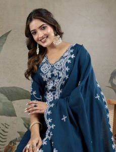 Peacock Blue Floral Embroidered Cotton Suit Set