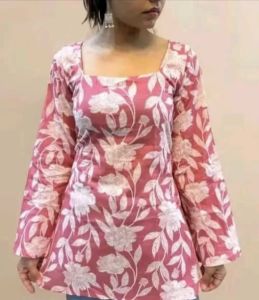 Pink and White Floral Printed Cotton Short Kurti