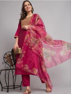 Pink Round Neck Embroidered Cotton Suit Set