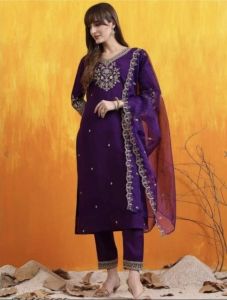 Purple Chanderi Embroidered Suit Set