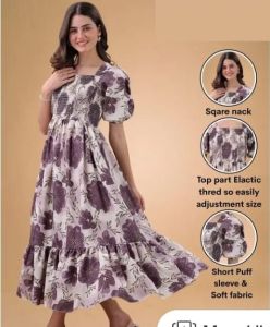 Purple Floral Print Puff Sleeve Fit and Flare Midi Dress