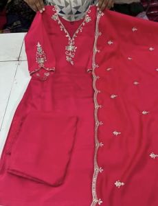 Rani Pink V Neck Embroidered Cotton Suit Set