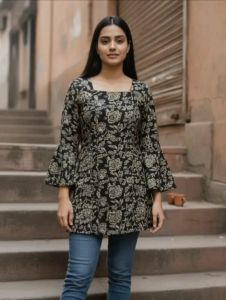 Square Neck Black Floral Printed Short Kurti