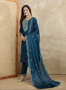 Teal Blue Embroidered Cotton Suit Set