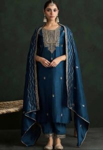Teal Blue Embroidered Silk Suit Set