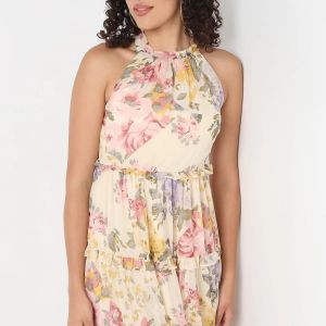 Tie Neck Floral Printed Sleeveless Mini Dress