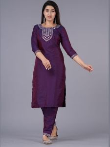 Voilet Round Neck Floral Embroidered Kurti Set
