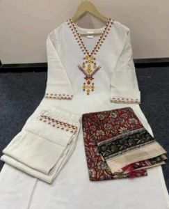 White V Neck Khadi Print Dupatta Suit Set