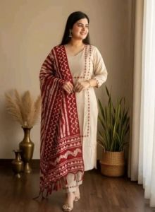 Women Cotton Blend Straight Emboidered Suit Set