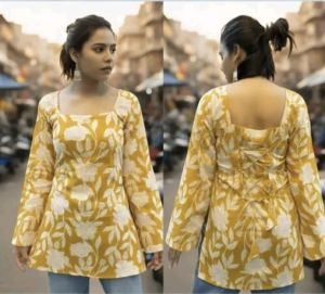 Yellow Floral Printed Full Sleeves Short Kurti
