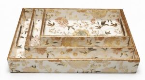 Floral Design Enamel Coated Wooden Rectangular Serving Tray Set