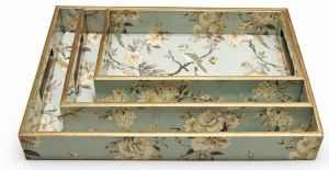 Flower Bird Printed Rectangular Wooden Serving Tray Set