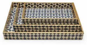 Geometric Motif Rectangular Wooden Serving Tray Set