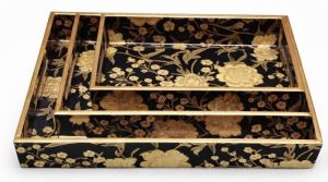 Golden Floral Resin Coated Wooden Rectangular Serving Tray Set