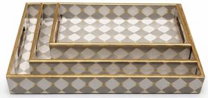 Grey White Geometric Pattern Rectangular Wooden Serving Tray Set