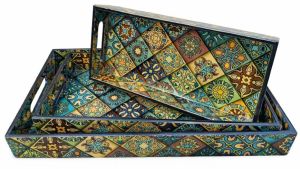 Handcrafted Enamel Coated Wooden Rectangular Serving Tray Set