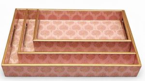 Pink Floral Rectangular Wooden Serving Tray Set