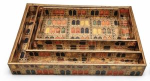 Rajasthani Jharokha Design Rectangular Wooden Serving Tray Set