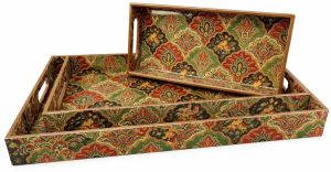 Turkish Pattern Rectangular Wooden Serving Tray Set