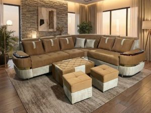 Elegant Brown Fabric Corner Sofa Set