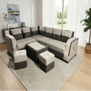 Grey Beige Dual Tone Fabric Corner Sofa Set